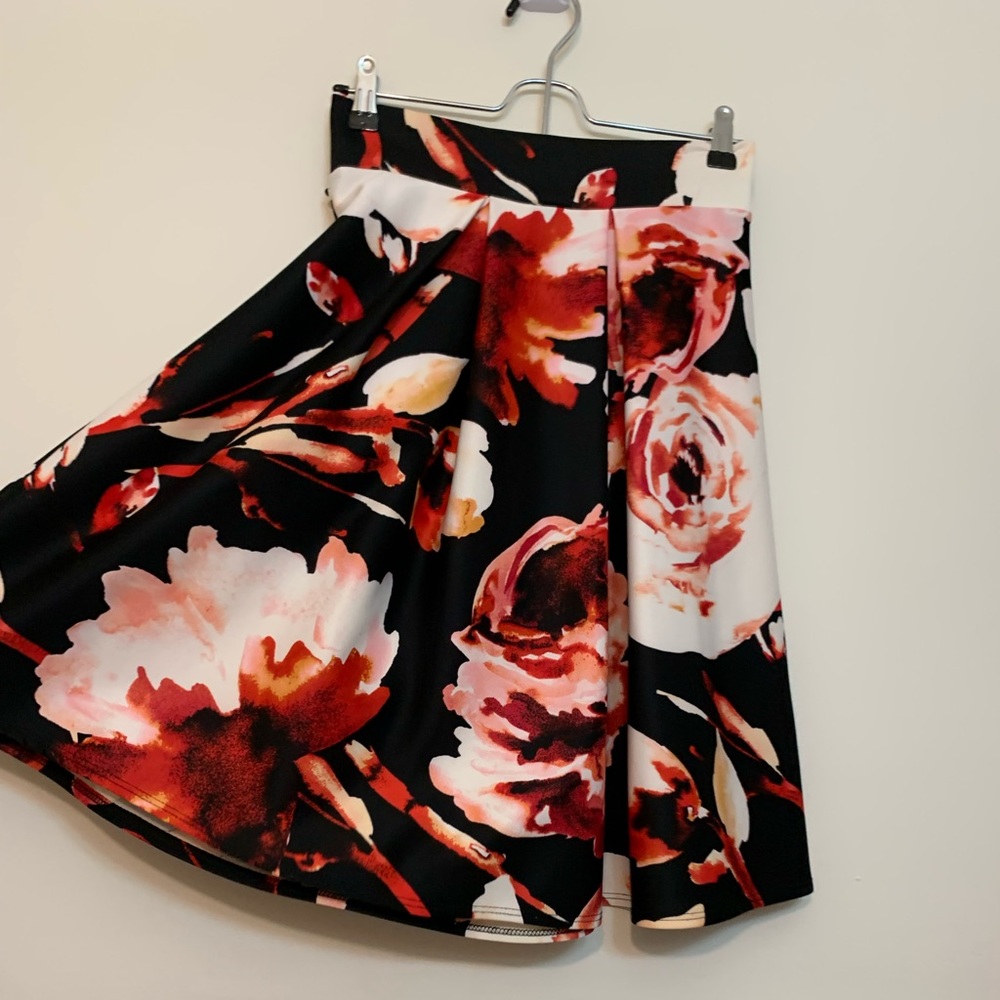 Coral on black Floral Skirt